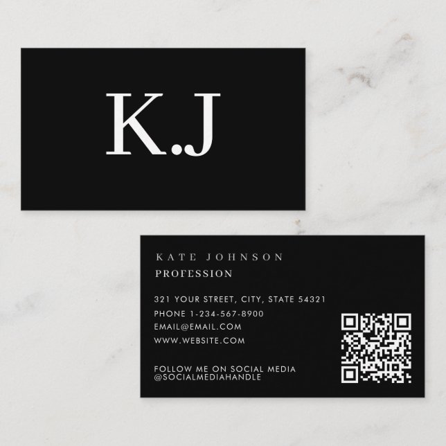 Elegant Black White Minimalist QR Code Monogram Business Card (Front/Back)