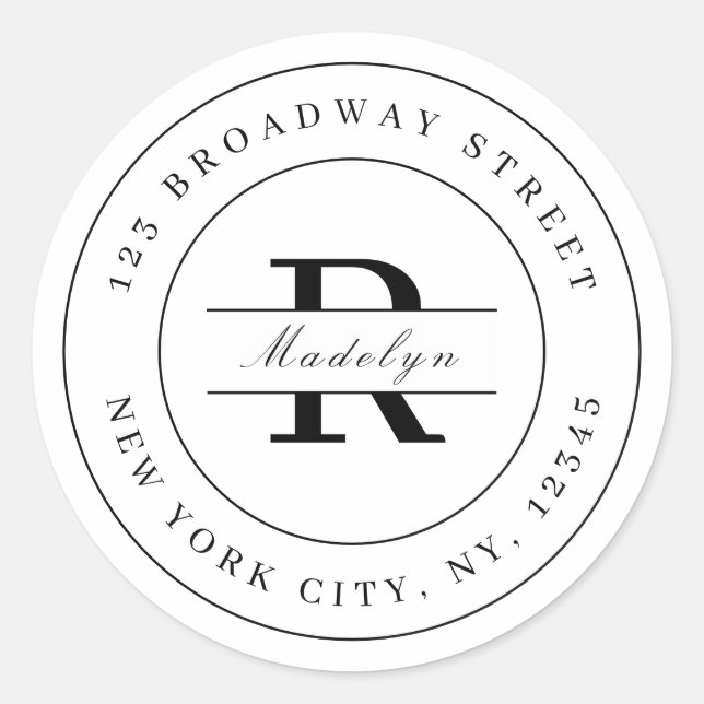 Elegant black white minimalist return address classic round sticker (Front)