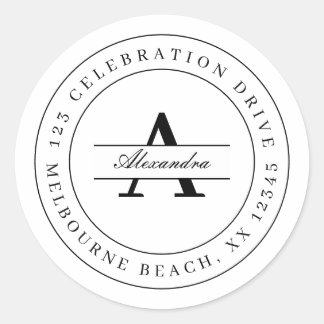 Elegant black white minimalist return address  classic round sticker