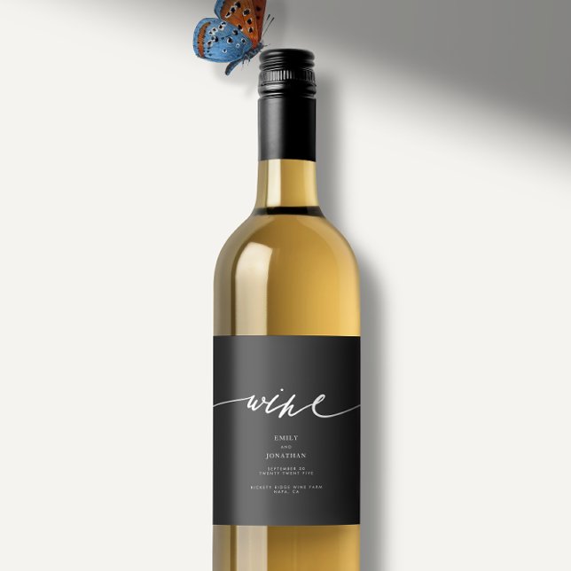 Elegant Black & White Modern Calligraphy Wedding Wine Label (Creator Uploaded)