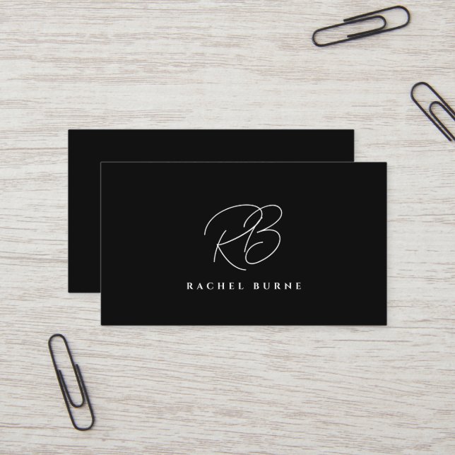 Elegant Black & White Modern Script Business Card (Front/Back In Situ)
