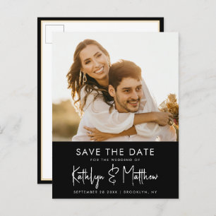 Elegant Black White Modern Script Save The Date Announcement Postcard