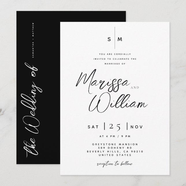 Elegant Black & White Modern Script Wedding  Invitation (Front/Back)