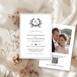 Elegant Black/White Monogram Crest QR Code Wedding Invitation