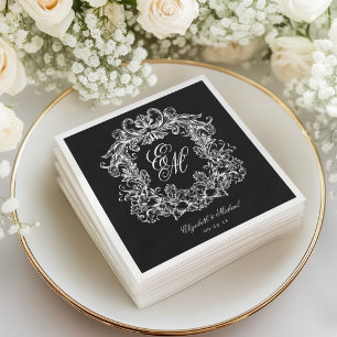 Elegant Black White Monogram Crest Script Wedding Napkin