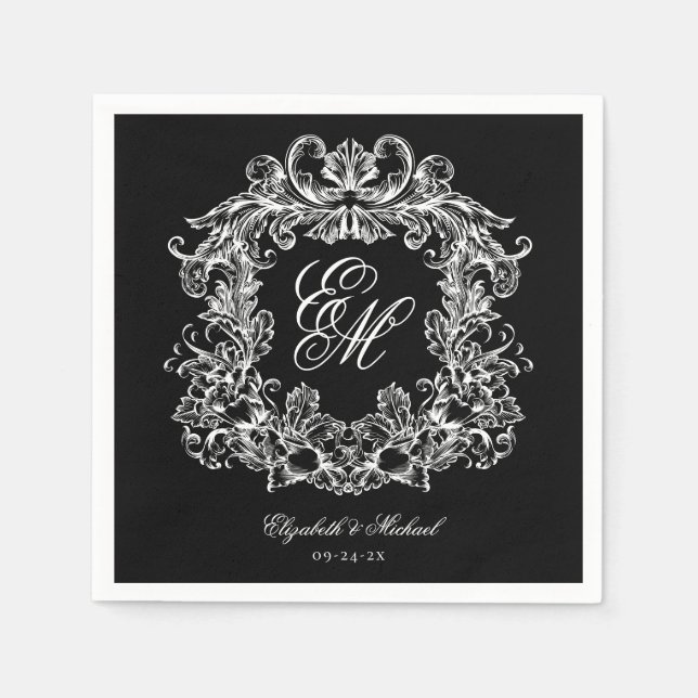 Elegant Black White Monogram Crest Script Wedding Napkin (Front)