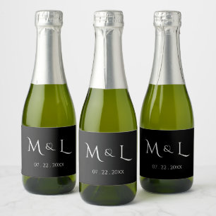 Elegant Black White Monogram & Date Wedding  Sparkling Wine Label