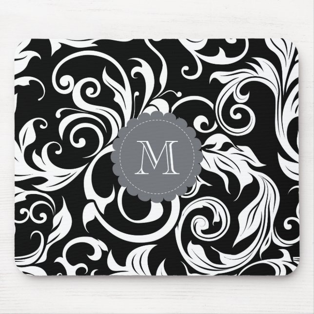 Elegant Black White Monogram Floral Wallpaper Mouse Mat (Front)