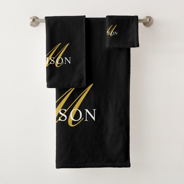Elegant Black White Monogram Gold Script Bath Towel Set (Insitu)