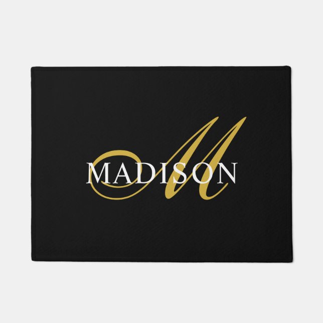 Elegant Black White Monogram Gold Script  Doormat (Front)