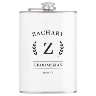 Elegant Black & White Monogram Groomsmen Gift Hip Flask