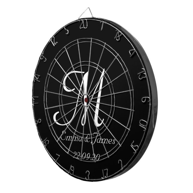 Elegant Black & White Monogram Initial Name Custom Dartboard (Front Right)