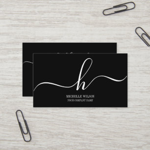 Elegant Black White Monogram Initial Script Name Business Card
