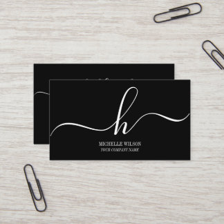 Elegant Black White Monogram Initial Script Name Business Card