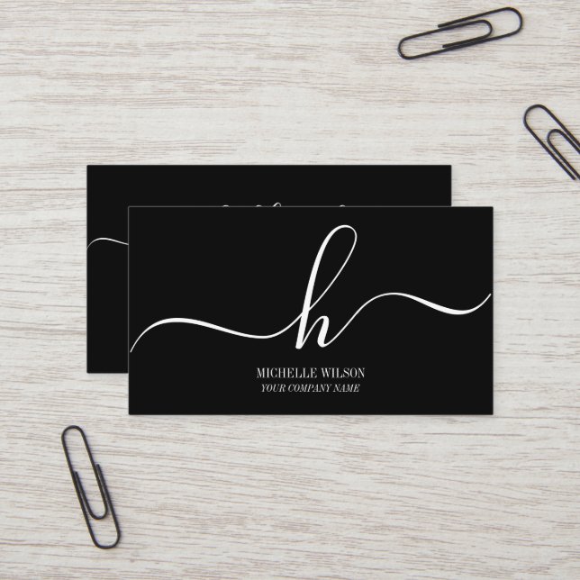 Elegant Black White Monogram Initial Script Name  Business Card (Front/Back In Situ)