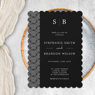 Elegant Black & White Monogram Lace Wedding Invitation