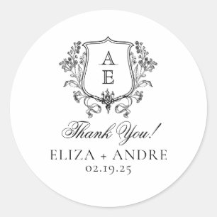 Elegant Black & White Monogram Leaf Crest Wedding Classic Round Sticker