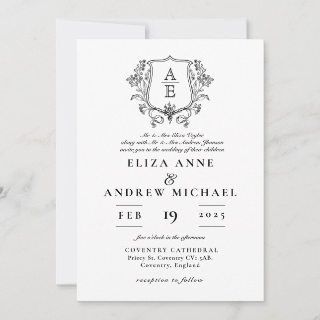 Elegant Black & White Monogram Leaf Crest Wedding Invitation (Front)
