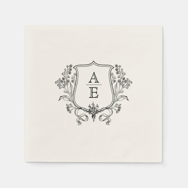 Elegant Black & White Monogram Leaf Crest Wedding Napkin (Front)