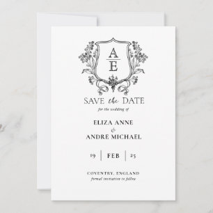 Elegant Black & White Monogram Leaf Crest Wedding Save The Date