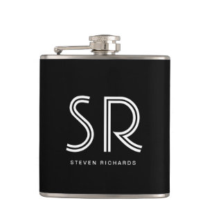 Elegant black white monogram name hip flask