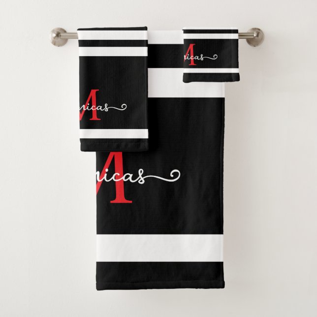 Elegant Black White Monogram Personalized Name  Bath Towel Set (Insitu)