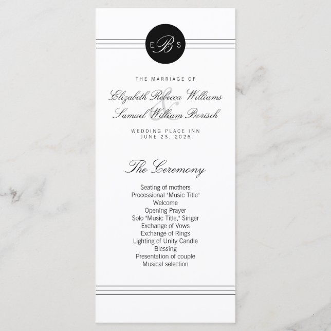 Elegant Black White Monogram Program Rack Cards (Front)