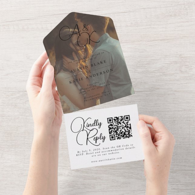 Elegant Black White Monogram Script Photo Wedding All In One Invitation (Tearaway)