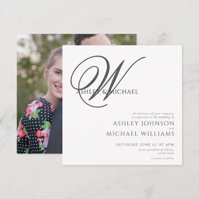 Elegant Black/White Monogram Square Photo Wedding Invitation (Front/Back)