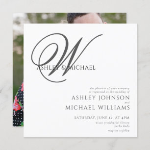 Elegant Black/White Monogram Square Photo Wedding Invitation