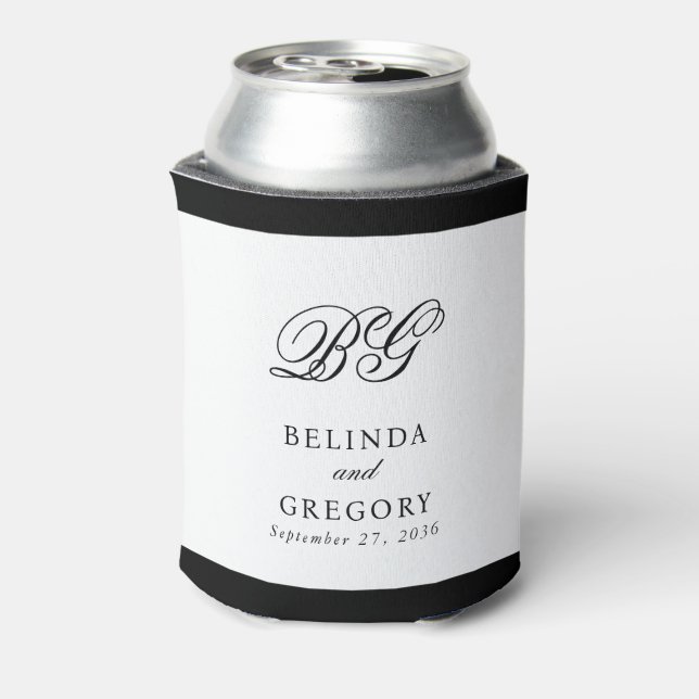 Elegant Black White Monogram Wedding Favour Can Cooler (Can Back)
