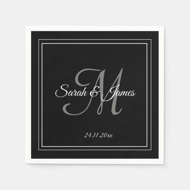 Elegant Black White Monogram Wedding Paper Napkin (Front)