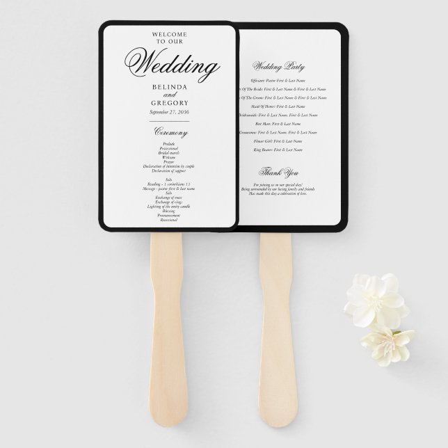 Elegant Black White Monogram Wedding Program Hand Fan (Front and Back)