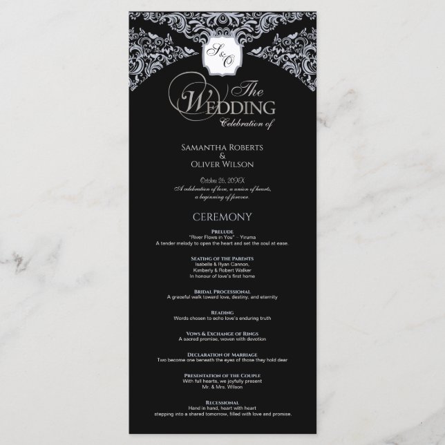 Elegant Black & white Monogram Wedding Program  Programme (Front)