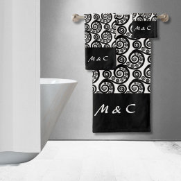 Elegant Black White Monogrammed Fern Frond Swirls Bath Towel Set