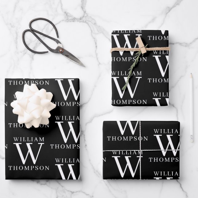 Elegant Black & White Monogrammed Name Initial Wrapping Paper Sheet (Front)