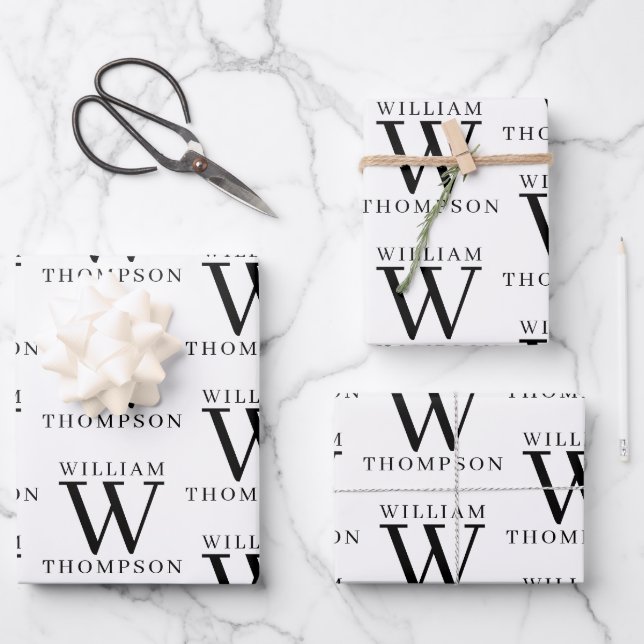 Elegant Black & White Monogrammed Name Wrapping Paper Sheet (Front)