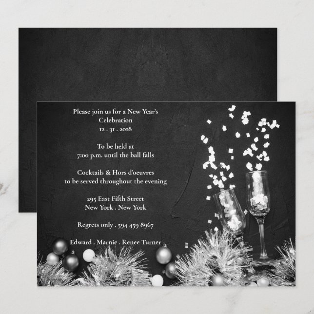 Elegant Black & White New Years Eve Party Invitation (Front/Back)