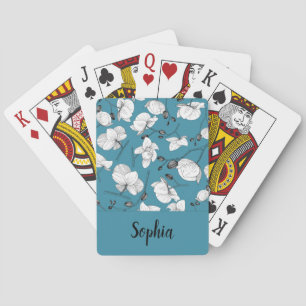 Elegant black & white orchids with name turquoise playing cards