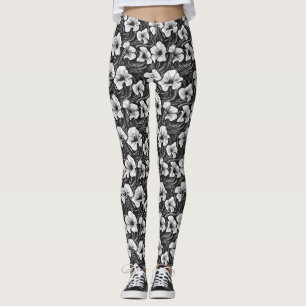 Elegant Black & White Organic Shaped Floral Leggings