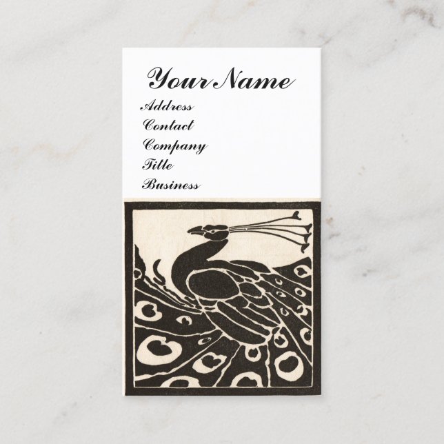 ELEGANT BLACK WHITE PEACOCK MONOGRAM BUSINESS CARD (Front)