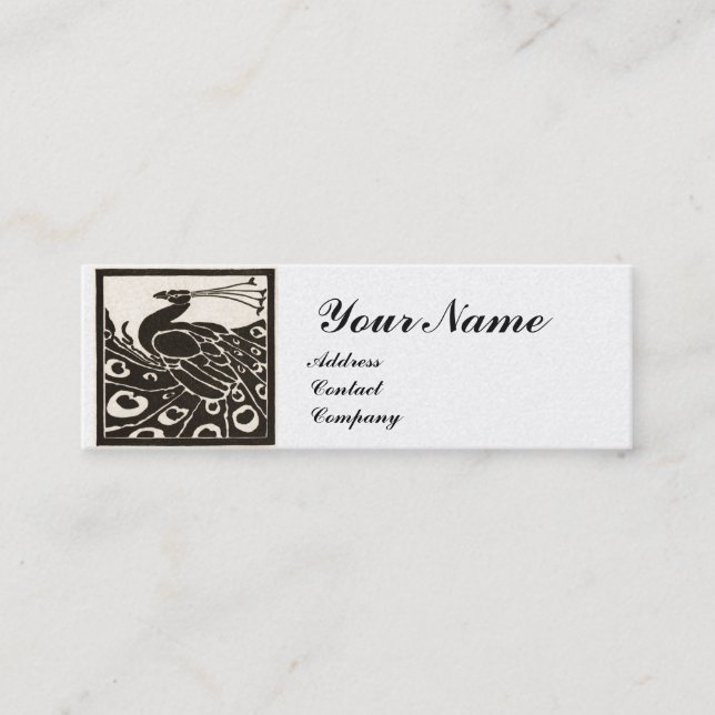 ELEGANT BLACK WHITE PEACOCK MONOGRAM Luxury Pearl Mini Business Card (Front)