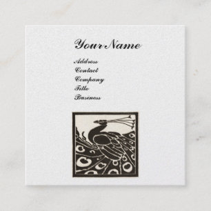 ELEGANT BLACK WHITE PEACOCK MONOGRAM Pearl Square Business Card