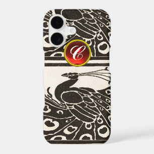 ELEGANT BLACK WHITE PEACOCK RED RUBY GEM MONOGRAM