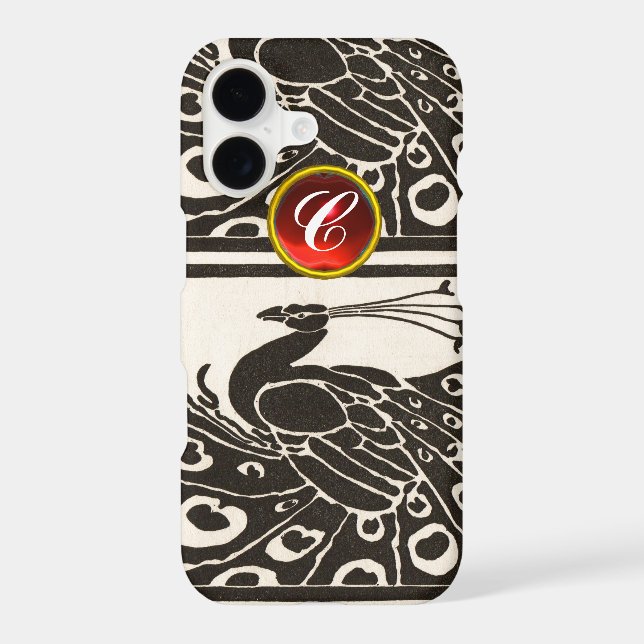 ELEGANT BLACK WHITE PEACOCK RED RUBY GEM MONOGRAM (Back)