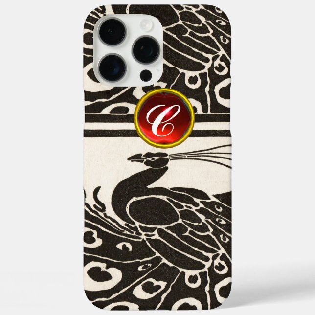 ELEGANT BLACK WHITE PEACOCK RED RUBY GEM MONOGRAM Case-Mate iPhone CASE (Back)