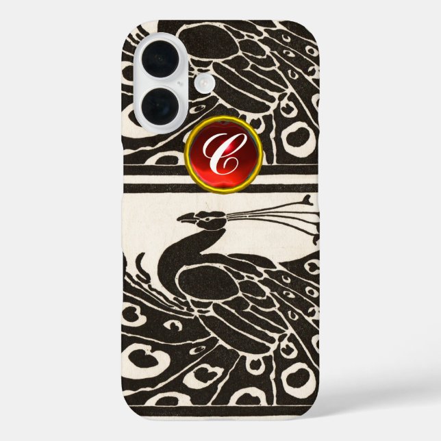 ELEGANT BLACK WHITE PEACOCK RED RUBY GEM MONOGRAM Case-Mate iPhone CASE (Back)