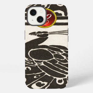 ELEGANT BLACK WHITE PEACOCK RED RUBY GEM MONOGRAM iPhone 13 CASE