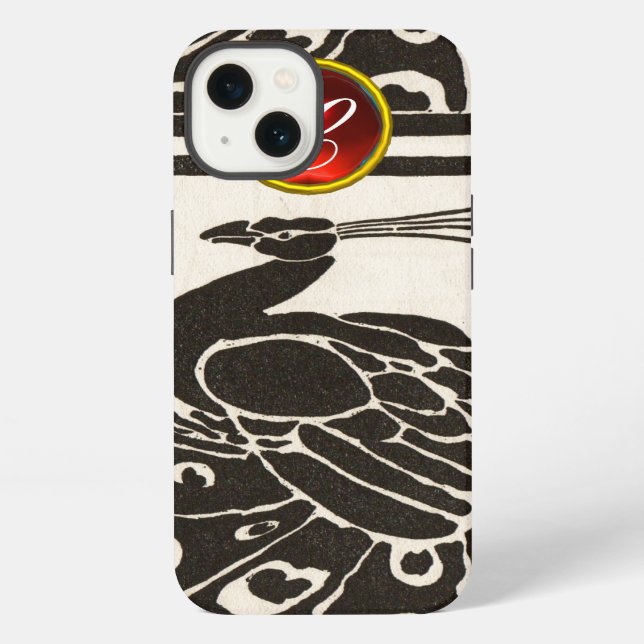 ELEGANT BLACK WHITE PEACOCK RED RUBY GEM MONOGRAM iPhone CASE (Back)