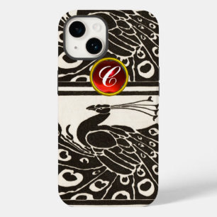 ELEGANT BLACK WHITE PEACOCK RED RUBY GEM MONOGRAM iPhone 14 CASE